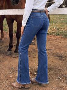 Women's Washed Elastic Flare Jeans With Frayed Hem Design Casual Fall - Medium Wash - View 7