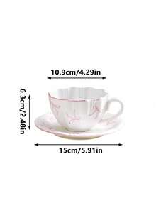 1pc French Girl Style Pink Bow Ceramic Coffee Cup And Saucer Set, Delicate High-Temperature White Porcelain Material, Wavy Rim, Pink Edge Trim, Hand-Painted Soft Pink Bow Print, Rounded Comfortable Handle; Suitable For Latte, Fruit Tea, Milk, Home Afternoon Tea, Office Drinking, Cafe Display, Girly Desktop Decor, Exquisite Holiday Gift And Other Various Occasions - Multicolor - View 2
