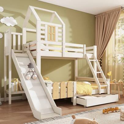 White Wooden Bunk Bed For Kids With Slide, Ladder & Storage Drawer, Treehouse Twin-Over-Full Cabin Bed Frame, Solid Wood Kids' House Bed With Guardrails, 90 X 190 Cm Top / 135 X 190 Cm Bottom