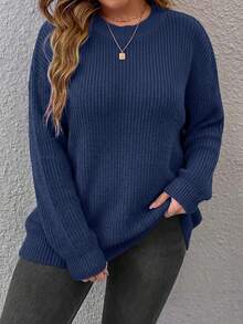 Plus Size Women Solid Crew Neck Pullover, Casual Elegant Long Sleeve Sweater, Autumn Winter Outfit For Daily Commute Date - Navy Blue - View 4