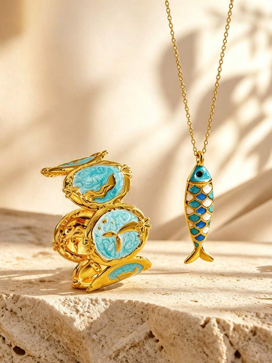 2/1pc Vacation Style Stainless Steel Bracelet/Necklace Set With Marine Life Decor, Suitable For Daily Commute Or Beach Vacation Wear For Women - Yellow Gold - View 1