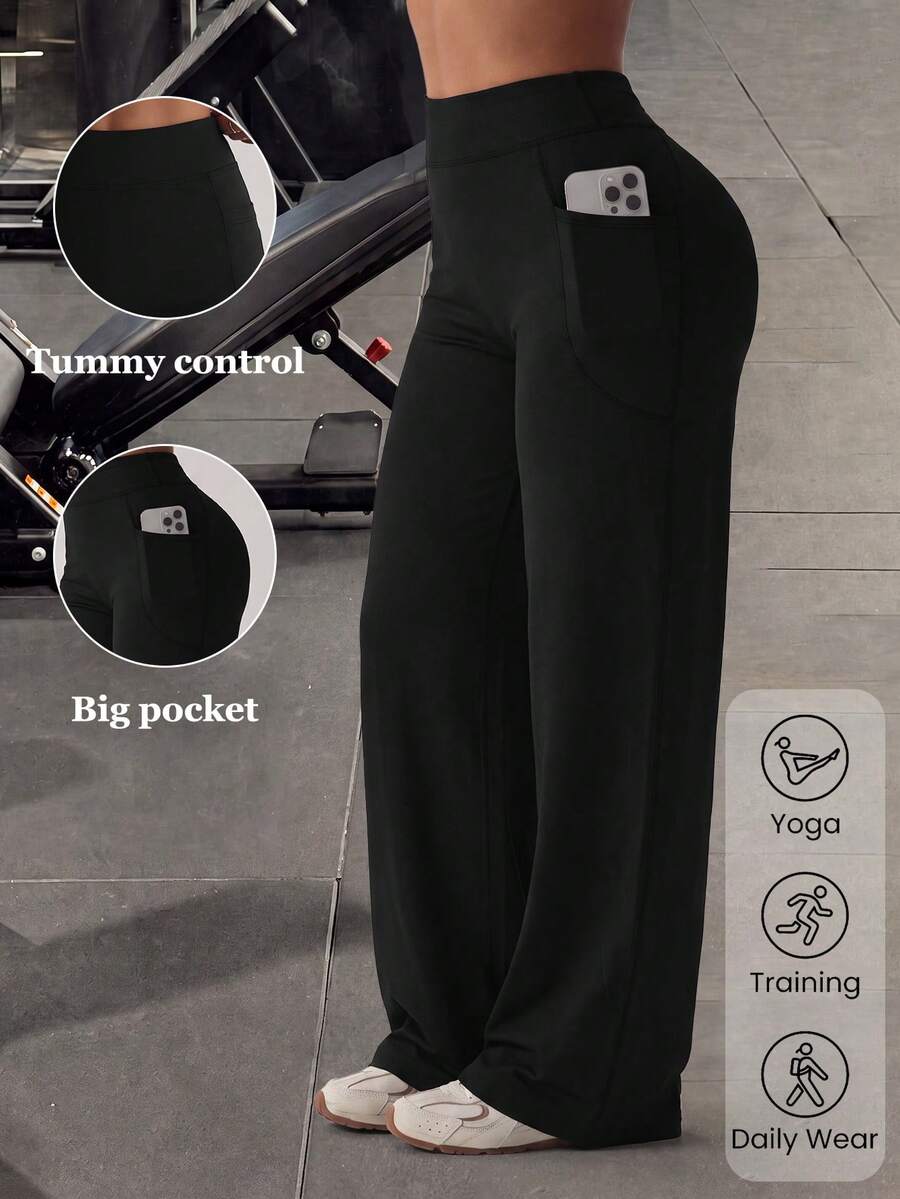 1pc Women's Wide Leg Pants With Pockets, Black Loose Long Pants, Spring/Autumn Basic Style Sports