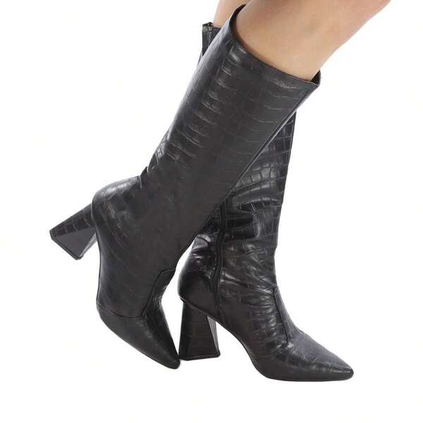 Bota Feminina Cano Longo Preto Croco Salto Alto Quadrado Festa Premium Luxo Preta Tendencia Montaria