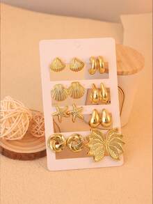 2-12pcs Ocean Shell & Starfish Marine Element Personalized Stud Earrings Set, Suitable For Beach Vacation, Travel, Summer Outfits - Gold - View 2