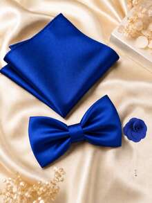 1SET Solid Color Bow Tie Pocket Square Brooch Combination Set, Adjustable Bow Tie Handkerchief Brooch Combination - Royal Blue - View 1