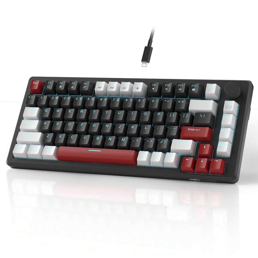 MageGere -STAR75 Mechanical Gaming Keyboard, Knob Control, 75% Compact Blue Backlit Wired Gaming Keyboard With Yellow Switches, EVA Silent Portable Shell, Compatible With PC Windows System - white black - View 1