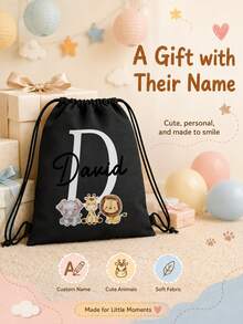 Customized Wildlife Zoo Animal Name Drawstring Bag - Personalized Zoo Text Backpack, Suitable For Picnic, Unique Gift Bag, Can Be Used As Birthday Party, Baby Shower Gift And Customized Birthday Gift - Multicolor - View 2