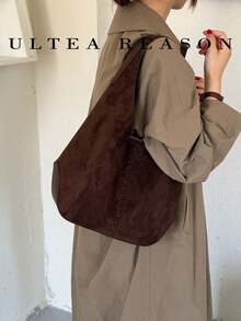 1pc Solid Color Large Capacity Suede Shoulder Bag, Tote Bag, Handbag, Autumn/Winter New Style, Casual Vintage, Smooth Fabric Feel, Magnetic Closure, Suitable For Commuting, Work, Dating - Coffee - View 6