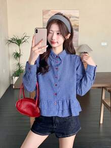 Blus Wanita Motif Kotak-kotak Gaya Korea dengan Kancing dan Hiasan Rumbai - Biru - View 1