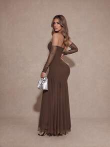 PARTHEA Elegant Brown Strapless Mermaid Maxi Dress, Built‑In Mesh Long Sleeves Bodycon Formal Party Evening Gown - Brown - View 2