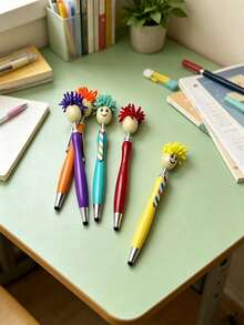1/4/5pcs Creative Multicolor Cute Smiling Face Plush Head Ballpoint Pens, Personalized Back To School Gift Pens - Multicolor - View 5