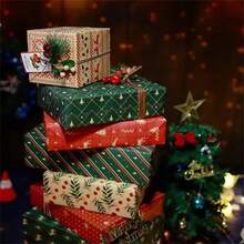 34/68/106pcs Christmas Gift Wrapping Paper Santa, Snowflake, Stripe, And Christmas Tree Designs, Includes Christmas Stickers - Multicolor - View 3