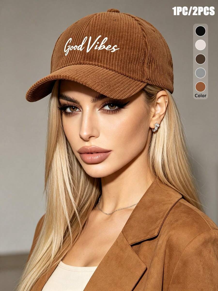 1pc/2pcs Vintage Corduroy Baseball Cap For Women, Printed With "Good Vibes" Letter, Adjustable Strap, Spring/Autumn Street Style Hat - Multicolor - View 1