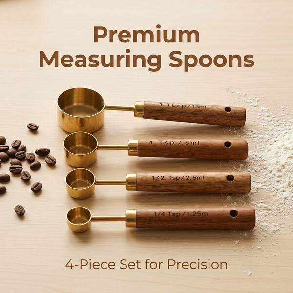 Multi-Piece Set Wooden Handle Stainless Steel Gold-Plated Measuring Cups And Spoons