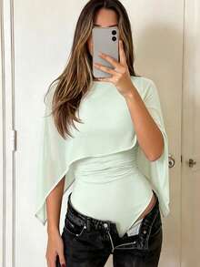 女款秋冬圓領羅紋刷毛保暖披肩設計雪紡時尚浪漫通勤約會休閒百搭日常外出長袖連身衣 - 薄荷綠 - 查看 3