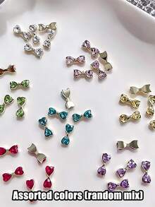 10pcs Japanese Ins Style Colorful Heart Bow Nail Art Decorations, Mini 3D Fingertip Bows, Bow Rhinestone Decor, 3D Glitter Multi-Function DIY Nail Accessories, Fake Nail Art Supplies, Summer Nail Art - Multicolor - View 7