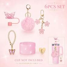 6PCS Butterfly Tumbler Accessories Set For 40oz Cups, Glitter Silicone Boot, Butterfly Straw Topper, Pom Pom Keychain, Flower Charm, Butterfly Pendant Chain & Heart Adhesive Hook, Cute Cup Decor Gift For Women, Cup Not Included - Multicolor - View 10