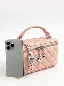 Gesteppte Rauten-Herz-Handtasche mit Metallkettendetail, elegante Luxus-Box-Tasche, Damen-Handtasche für Date, Party und Reisen, kleine Crossbody-Tasche, atmosphärisches Outfit-Accessoire - Pink - Übersicht 3