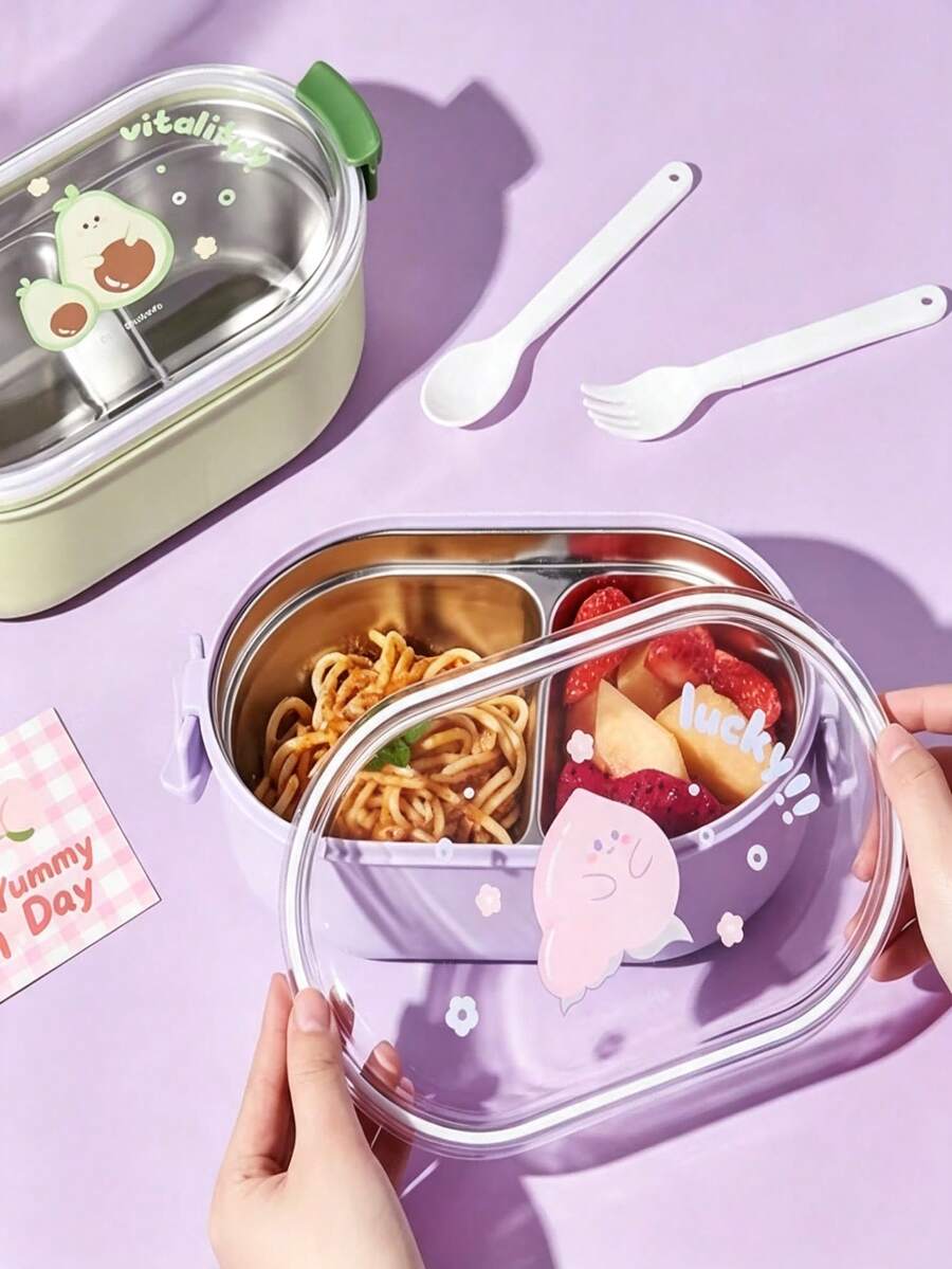 Kotak Makan Siang Sekat Stainless Steel Bergambar Kartun, Wadah Penyimpanan Makanan Portabel Anti Bocor, Cocok untuk Makanan Penutup, Buah Segar, dan Makanan Piknik di Luar Ruangan - MultiWarna - View 1