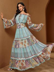 Women's Bohemian Style Printed Dress, Off-Shoulder Long Sleeve, Ruffle Trim, Elegant Elegant - Multicolor - View 5