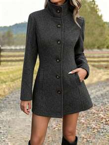 Women's Stand Collar Single-Breasted Mid-Length Overcoat, Slim Fit Waist Commuter Autumn/Winter Elegant Overcoat - Dark Grey - View 2