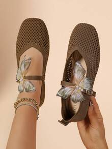 Summer Breathable Mesh Mary Jane Shoes, Vintage Tulle Butterfly Decor, Single Strap Buckle, Soft Sole, Low Vamp, Fairy Style Flat Shoes - Coffee Brown - View 1