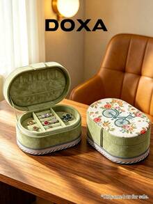 DOXA Avocado Green Velvet Oval Double Layer Jewelry Box With Flip Lid, Necklace Hook, Ring & Earring Travel Portable Storage Box - Green - View 2