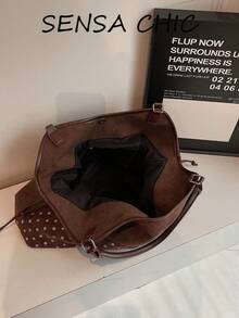 Korean Style Gentle Polka Dot Tote Bag, Suede Texture Patchwork Body, 3D English Embroidery, Drawstring Closure, Adjustable Shoulder Strap, Student Commuter Shoulder Bag - Coffee - View 5