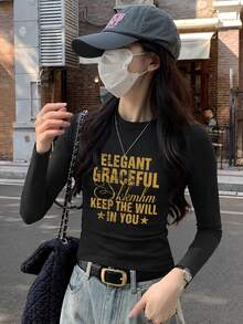 Kaos Wanita Kasual Serbaguna Leher Bulat Motif Huruf Lengan Pendek, Warna Hitam Musim Semi/Musim Gugur - Hitam - View 2