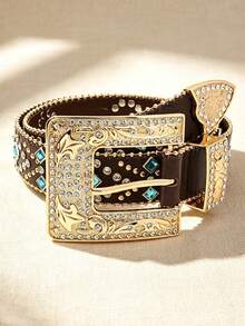 APLCSEY 1pc Women's Black & Camel PU Rhinestone Chain Belt, Fashionable Bohemian Style Leather Belt Suitable For Daily Wear - Coffee - View 1