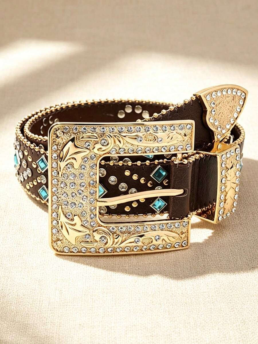 APLCSEY 1pc Women's Black & Camel PU Rhinestone Chain Belt, Fashionable Bohemian Style Leather Belt Suitable For Daily Wear - Coffee - View 1
