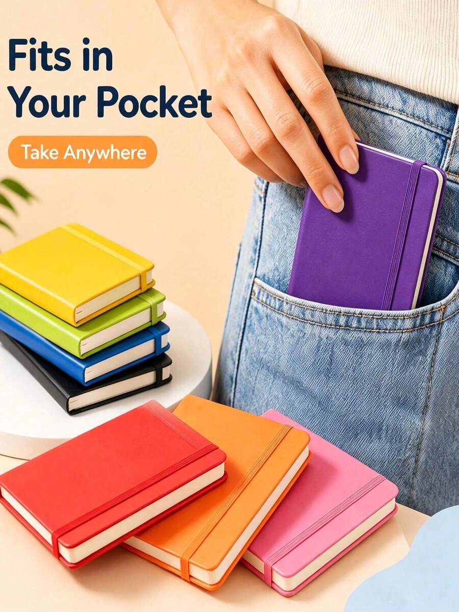 A6 Pocket Hardcover Notebook, 84 Sheets Thick Beige Paper, Premium PU Cover, Strap Design, Lined Pages, 7 Colors, Office Study Portable Memo Pad - Multicolor - View 1