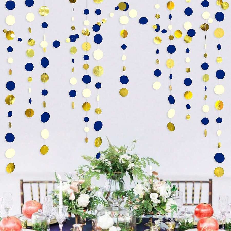 Blue And Gold Polka Dot Paper Garland, Hanging Paper Polka Dot Floating Decoration, Suitable For Wedding, Birthday Party, Banquet, Graduation Ceremony, Background Decor, Holiday Decoration, Photo Backdrop, Autumn Home Decor - Multiple Styles - View 1