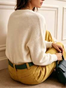 Women's Mohair Knit Sweater Pullover, Slouchy Round Neck Soft Fluffy Loose Design Solid Color Versatile Top Fall - Apricot Color - View 2