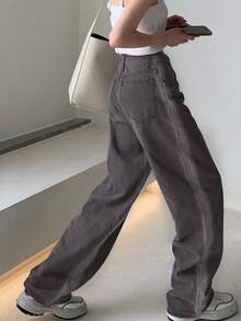 Solid Color Button Pocket Zipper Denim Long Pants - Grey - View 3