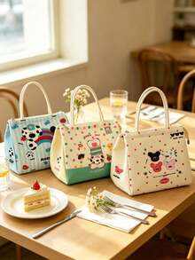 1pc Japanese Cute Style Animal Print Handheld Lunch Bag, Woven Handle, Adorable Pet Pattern, Thickened Inner Layer Insulation, Portable For Students, Office, Picnic, Outdoor, Daily Use, All Seasons, Back To School, Christmas Gift - Multicolor - View 8