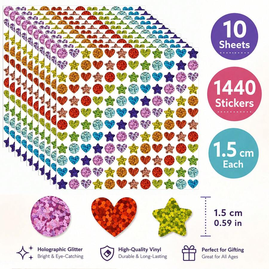 1440pcs/10 Sheets Colorful Laser Shiny Glitter Pattern Stickers, Geometric Style Colorful Stickers, Perfect For Office, Student Classroom, Gift Wrapping, Handmade Self-Adhesive Labels, Motivational Encouragement Star Stickers, Back To School Stickers, School Opening Decoration Stickers, Back To School Gifts - Multicolor - View 1