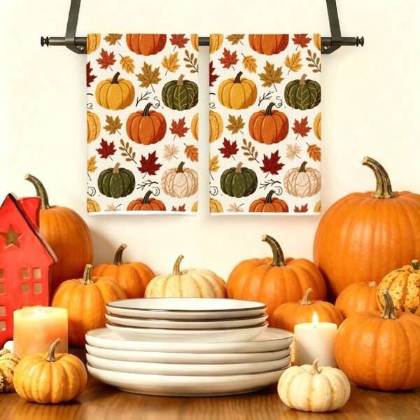 2pcs Autumn Maple Leaf Kitchen Towels, Soft & Highly Absorbent, Thanksgiving Decor, Cooking Baking Tea Towels, Dish Cloths, Scouring Pads, Hand Towels, Bathroom Decor, Gift For Friends, Home Essential