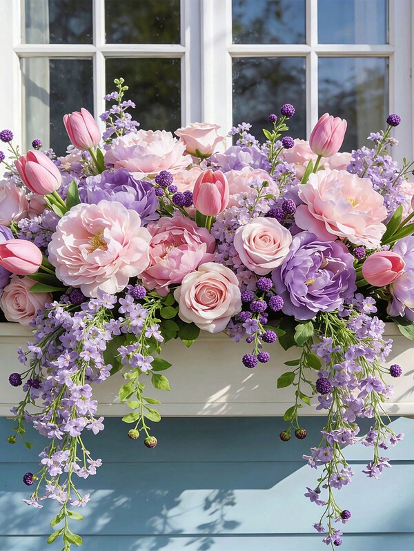 25 Mixed Purple And Pink Artificial Peonies With Purple Baby's Breath Bouquet - No Maintenance Required, Suitable For Weddings, Engagements, Home, Garden, Tabletop Decor, Graduation, Easter, Spring/Summer, Indoor Decoration, Restaurant, Photography, Windowsill Display, Birthday Party And Various Venue Arrangements