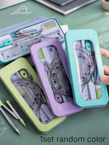 Transparent Storage Box/7-Piece Compass Set - Includes A Protractor And Ruler For Precise Geometric Drawing, As Well As A Triangle Ruler And A Complete Stationery Set. Multi-Functional Exam And Study Stationery Bag. Back To School. - C - View 1