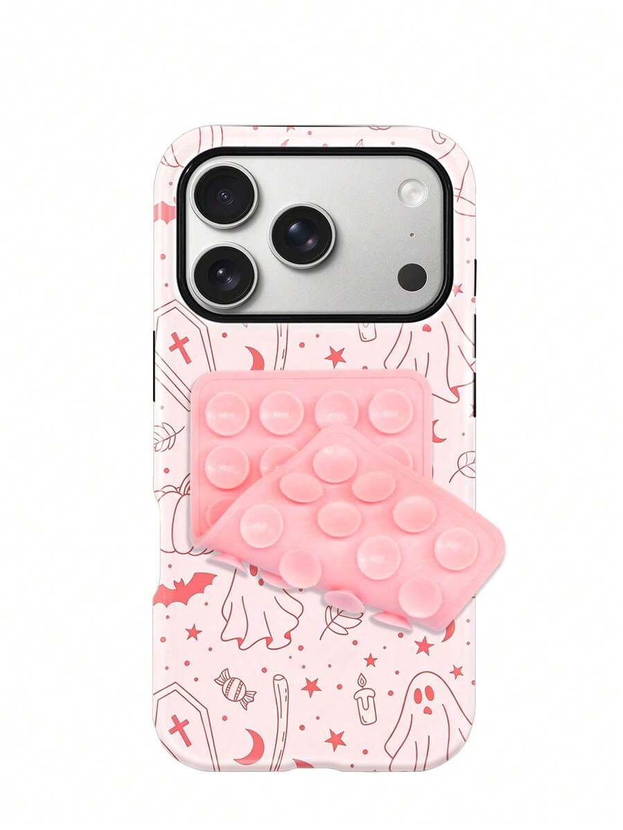 Koolife "Peach Ghost Story" Halloween Themed Printed Phone Case, TPU Material, Smooth And Hard Surface, Scratch-Resistant And Wear-Resistant, Durable And Shock-Absorbing, Excellent Gift Choice, Compatible With IPhone 11, 12, 13, 14, 15, 16, 17, 18 Series Models (Including Pro And Pro Max Versions) - Pink + Suction Cup - View 1