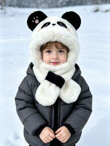 1pc Kids Cute Panda Embroidery Faux Plush Warm Windproof One-Piece Set, Autumn/Winter Outdoor Daily Wear - Multicolor - View 3