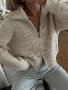 MORI 秋冬休閒燕麥米色翻領拉鍊寬鬆針織開襟毛衣外套女款上衣，適合校園街頭早午餐穿搭 - 米白 - 查看 4