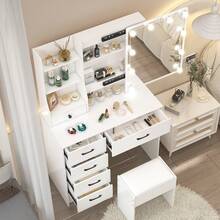 Teousev Dressing Table With LED Lights Mirror & Stool, Vanity Makeup Table With 5 Drawers, Open Storage Shelves, 3 Colour Adjustable Light, Lockable Drawers, White Cosmetic Desk For Bedroom - White - View 4