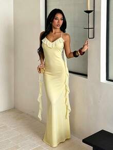 Women's Summer Backless Ruffle Strap Dress, Suitable For Dates, Graduation Season, Gatherings, Parties - Yellow - View 9