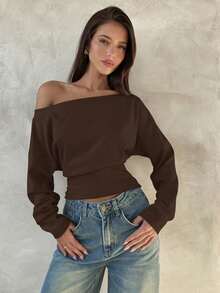 Top de manga larga asimétrico de hombro de punto de color albaricoque para mujer, otoño/invierno - Café integral - Ver 1