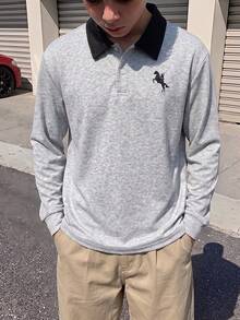 1pc Tween Boys Casual Versatile Preppy Style Colorblock Design Pony Logo Print Fleece Long Sleeve Polo Sweatshirt, Autumn/Winter - Grey - View 1