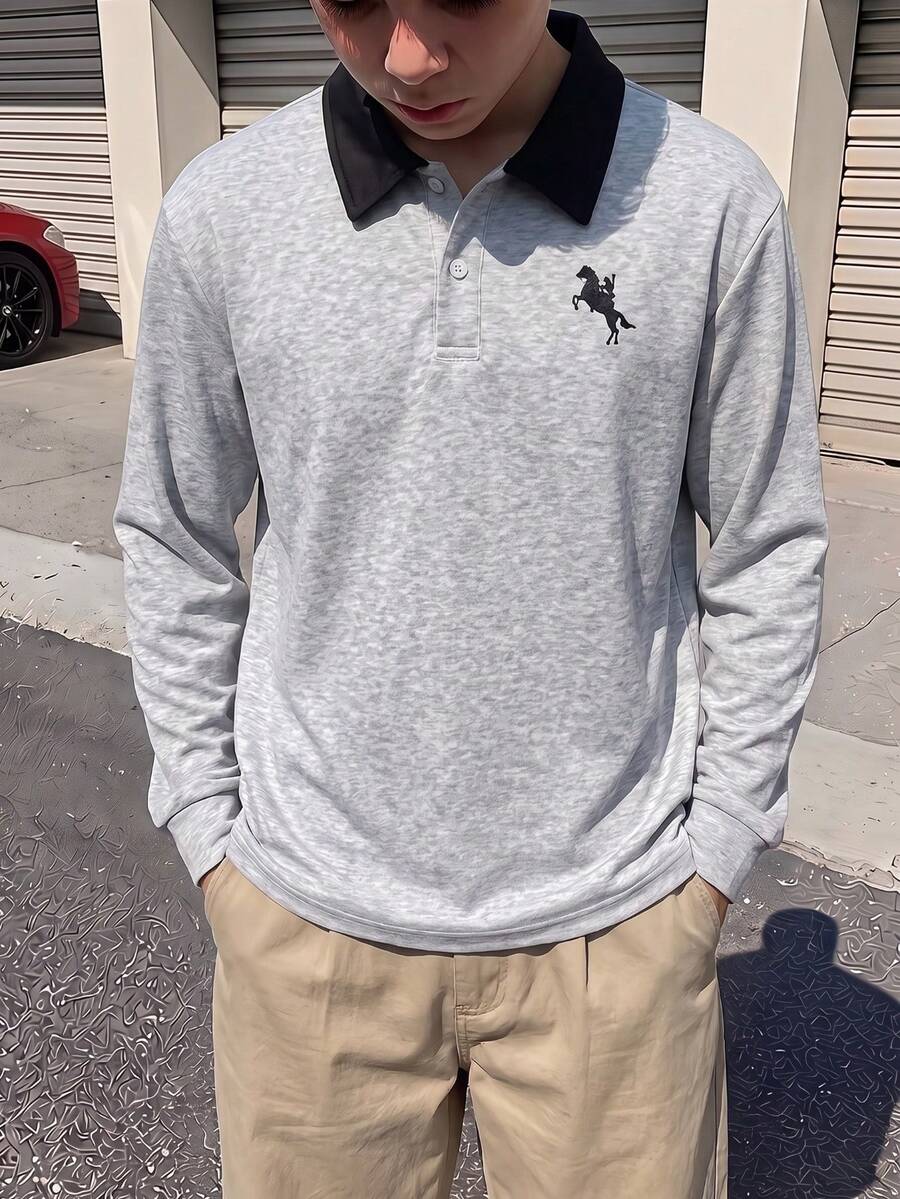 1pc Tween Boys Casual Versatile Preppy Style Colorblock Design Pony Logo Print Fleece Long Sleeve Polo Sweatshirt, Autumn/Winter - Grey - View 1