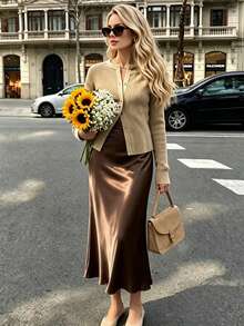 Women's Elegant Minimalist Romantic Date/Office Versatile Solid Satin Skirt, Autumn/Winter - Mocha Brown - View 1