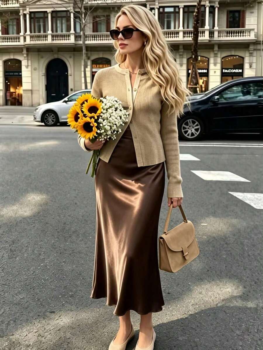 Women's Elegant Minimalist Romantic Date/Office Versatile Solid Satin Skirt, Autumn/Winter - Mocha Brown - View 1